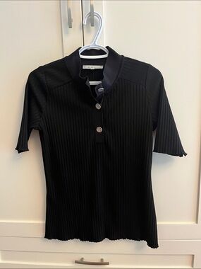 cleo Black Ribbed Polo-Style Knit Top